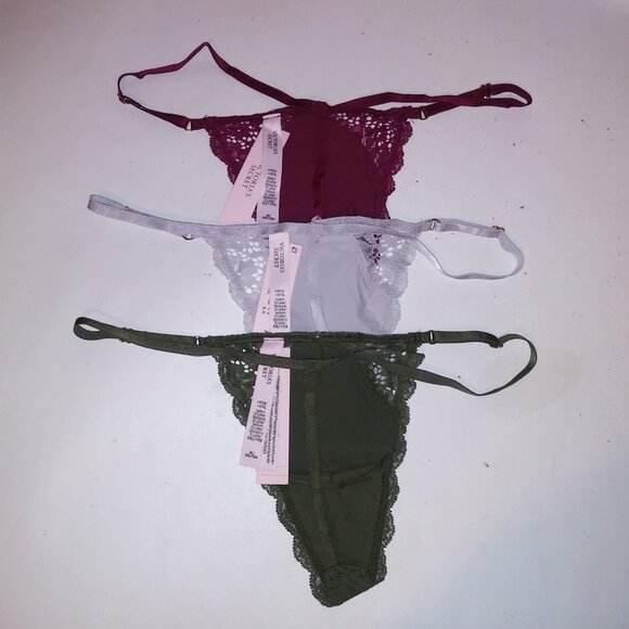 Victoria's Secret Panty Set of 3 Thong V String Burgundy Green Gray Lace  Solid - Picture 7 of 7